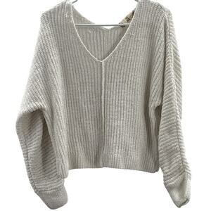 Pink Rose V Neck Sweater Winter White with Silver Medium